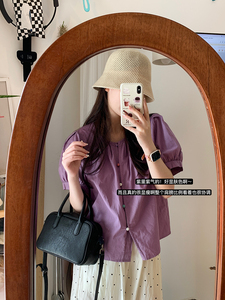 SANG桑女士夏季韩版甜美日系设计感彩色单排扣短袖衬衣