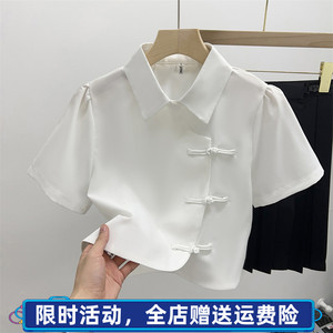 新中式时尚衬衫女2023夏季新款改良版旗袍短款不规则短袖衬衣上衣