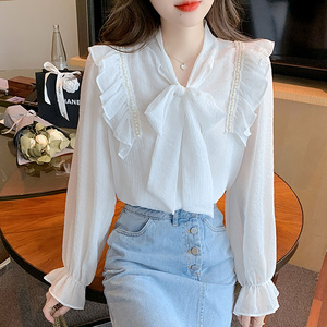 韩国蝴蝶结雪纺衬衫女士夏季2023新款小香风气质超仙别致长袖上衣