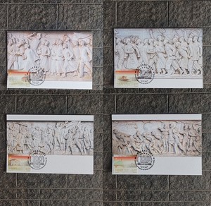 极限片2021年澳门邮票背景图人民英雄纪念碑浮雕自制极限片全4枚
