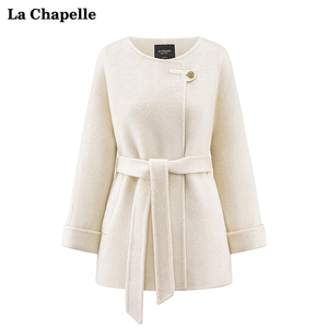 拉夏贝尔/La Chapelle圆领双面呢系带收腰气质毛呢大衣外套女冬季