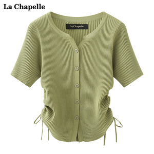 拉夏贝尔/La Chapelle圆领坑条抽绳针织短袖开衫女收腰修身上衣夏