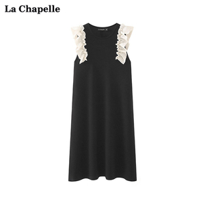 拉夏贝尔/La Chapelle甜美法式花边拼接无袖连衣裙女气质小黑裙子