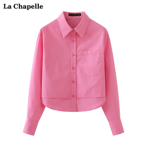 拉夏贝尔/La Chapelle春季新款粉色叠片长袖衬衫女Polo领小众衬衣