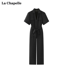 拉夏贝尔/La Chapelle夏季新款V领腰带工装连体裤女黑色气质长裤