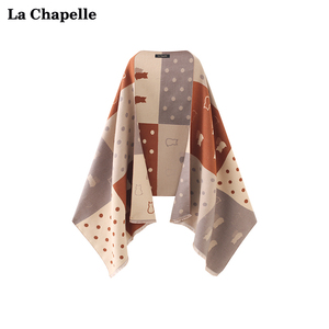 拉夏贝尔/La Chapelle猫咪波点拼色针织围巾流苏披肩保暖围脖冬季