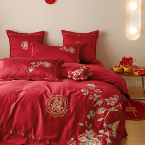 中式风婚庆140支长绒棉四件套绣花全棉红色被套床单结婚喜庆床品4