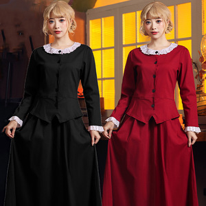 欧美外贸服装酒红黑色A字连衣裙职员服19世纪30年代造型复古长裙