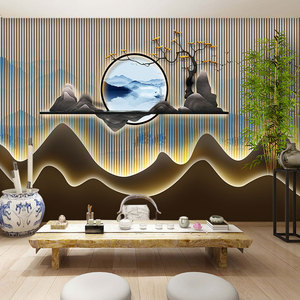 新中式发光假山竹子壁纸抖音茶艺茶道背景墙直播间茶叶店茶室墙纸