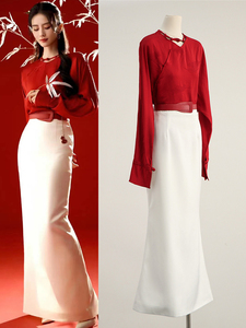 刘诗诗同款2024春季新中式国风高级感红色衬衫减龄半身裙时尚套装