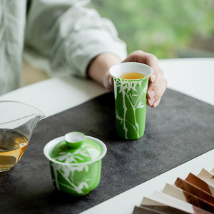 庭野堂雍正绿纯手绘翠竹聚香杯家用主人杯单个陶瓷闻香杯个人杯