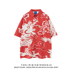 中国风龙图案印花红色短袖衬衫女夏季潮牌宽松休闲情侣半截袖衬衣
