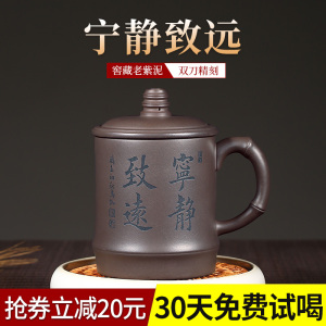 正宗宜兴纯全手工紫砂杯原矿紫泥泡茶杯带盖带把办公家用大水杯子