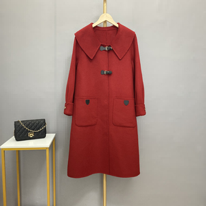 双面羊绒大衣女中长款红色大领子减龄韩版宽松羊毛呢2021秋冬外套