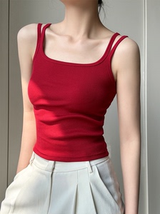 红色无袖针织背心女夏季2024新款双肩带吊带修身显瘦百搭别致上衣