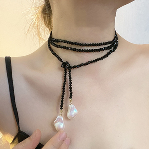 小众设计异形巴洛克珍珠长款项链女黑水晶系绳轻奢高级感锁骨链潮