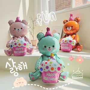 4D坐立抱蛋糕小熊生日派对装饰场景布置道具儿童卡通铝膜气球