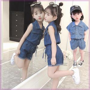 韩系女童牛仔套装夏装韩版水洗纯棉牛仔儿童装时髦牛仔短裤二件套