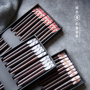 创意个性日式好看的5双装木质礼盒筷子 樱花指甲筷子家用礼品筷子