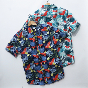 度假衬衫夏威夷风格热带植物印花短袖男休闲衬衣青绿色深蓝色出口