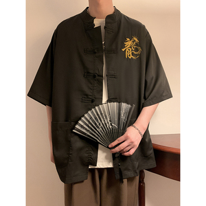 冰丝短袖衬衫男中国风龙纹刺绣太极服新中式改良唐装汉服宽松外套
