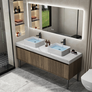 简约现代落地式双盆岩板浴室柜组合实木洗手盆卫生间防水洗漱台池