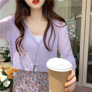 浅紫色冰丝针织开衫女小披肩夏季外搭罩衫短款防晒衣淡紫外套上衣