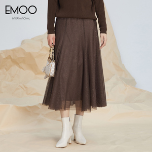 EMOO杨门女装秋季新款网纱半身裙高腰中长款百褶裙垂感纱裙子