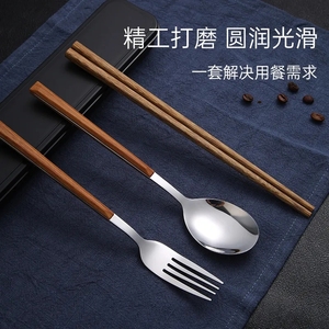 韩式风仿木纹便携餐具勺子筷子套装学生旅行便携套装勺叉筷三件套