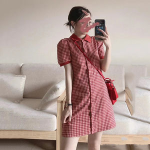 polo领短袖连衣裙子女红色格子2022夏季学生小个子单排扣休闲短裙