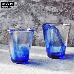 意大利进口钢化玻璃杯波米欧利耐热家用果汁牛奶水墨蓝色创意水杯