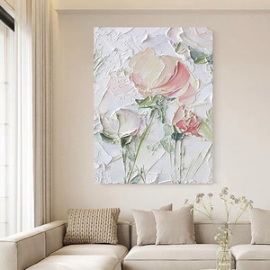 奶油风纯手绘油画玫瑰花玄关装饰画客厅抽象立体花卉刀画肌理挂画