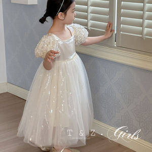 专柜品牌2024春夏新款女童公主裙61儿童节白色婚纱礼服钢琴演出服