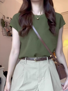 牛油果绿色针织短袖T恤女夏宽松正肩体恤茶系穿搭一整套复古上衣