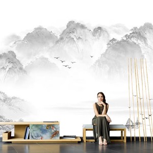 新中式山水电视背景墙壁纸水墨画无缝客厅卧室影视墙墙布定制壁画