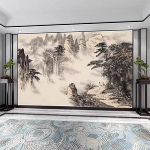 中式国画水墨电视背景墙影视墙古典山水墙纸壁画定制壁纸无缝墙布