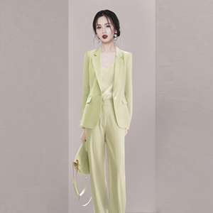 2024年春夏新款高级感芥末绿西装外套直筒裤韩版两件套装职业装女
