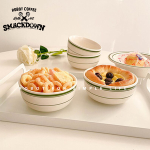 TUXTON正品绿线条陶瓷餐碗韩国ins复古直身饭碗咖啡厅家用早餐碗