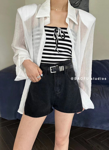 BAOFU正版 白色薄款防晒衬衫女夏季长袖衬衣外套+条纹抹胸两件套