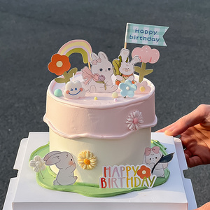 儿童生日蛋糕装饰品可爱小兔子卡通插牌生日快乐韩式烘焙插件