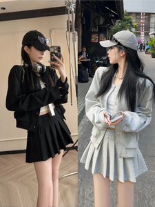 韩版时尚卫衣裙套装女2024春季美式休闲灰色卫衣＋百褶短裙两件套