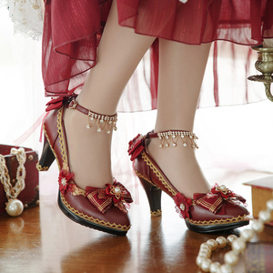 原创一夜物语红色lolita鞋花嫁新娘复古高跟鞋古典结婚洛丽塔鞋