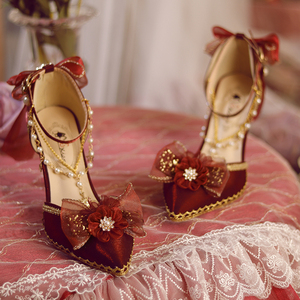 原创一夜物语正品Lolita鞋红色花嫁尖头细跟新娘结婚高跟洛丽塔鞋