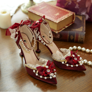 原创【一夜物语】正品Lolita鞋红色花嫁尖头细跟新娘结婚高跟lo鞋