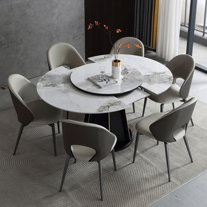 意式岩板餐桌客厅家用可伸缩折叠圆形小户型拉伸椭圆形带转盘餐台