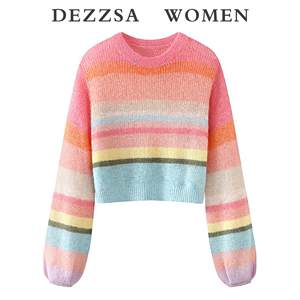 DEZZSA 2024春装新款甜美少女风糖果色条纹套头长袖针织衫毛衣女