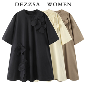 DEZZSA 2024夏装新款时尚休闲宽松立体花朵装饰五分袖T恤连衣裙女