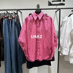 SH&UR2023秋季新款甜美玫粉色条纹少女感休闲长袖衬衫女