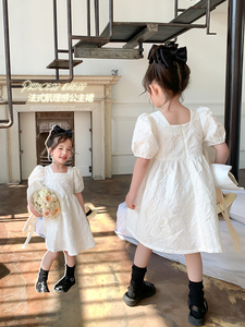 女童夏季泡泡袖白色公主裙儿童短袖裙子夏天宝宝方领提花连衣裙潮