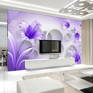 新中式墙纸18D电视背景紫色百合花壁纸壁画客厅影视墙布2022新款